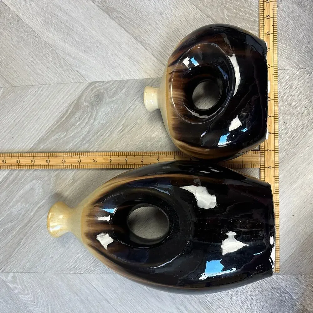Pair of 2 Vases MCM Mid Century Modern Ceramic Brown Tan Beige Oval Circle